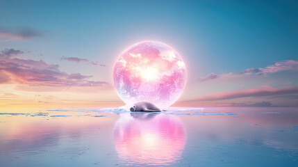 Awe inspiring glowing pink sphere illuminates serene water, creating dreamlike reflection