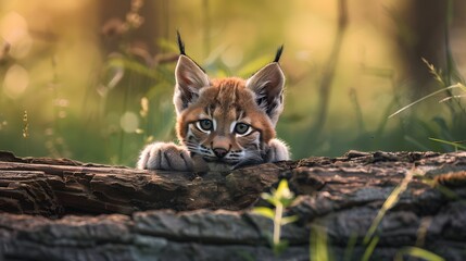 Fototapeta premium Curious Lynx Cub Peering Over a Log in a Warm Golden Forest Glow