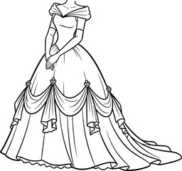 Elegant Princess Ball Gown Line Art for Coloring and Design