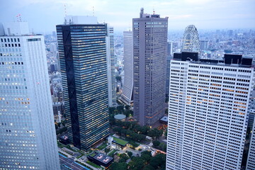 東京都新宿区の西新宿の高層ビル群を前景に都会の街並みを俯瞰で捉えた夕暮れ時の写真ですコクーンタワーも写っています