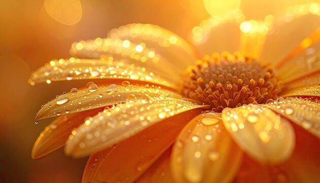 Close-up Macro Shot Of A Bright Orange Daisy Flower Covered In Water Droplets With Golden Sunlight Bokeh Effect In The Background