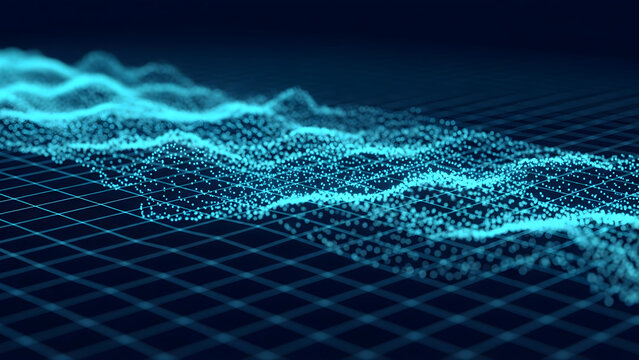 Floating hologram codes over a glowing blue grid show futuristic real-time data visualization in a clean, minimal tech style.