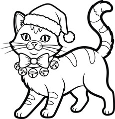 Cute Christmas Cat with Santa Hat and Jingle Bells Coloring Page