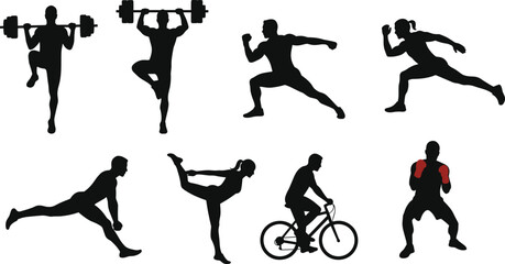 Silhouettes of Individuals Engaged in Fitness, Sports, and Exercise Activities for Strength, Flexibility, and Endurance Training Concepts