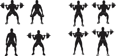 Silhouettes of Individuals Performing Weightlifting Exercises with Dumbbells and Barbells for Fitness, Gym, and Training Concepts