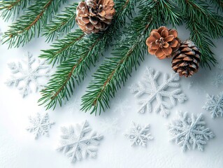 Brown rabbit with snow-covered fur gazing curiously at Christmas tree with red and golden New Year decorations, high-resolution festive scene for greeting cards, social media, and winter-themed design