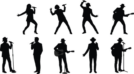 Silhouettes of Musicians Performing with Microphones and Guitars in Dynamic Poses for Concert, Music, and Entertainment Themes
