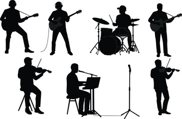 Silhouettes of Musicians Playing Guitar, Violin, Drums, and Keyboard for Concert, Band, and Music Performance Themes