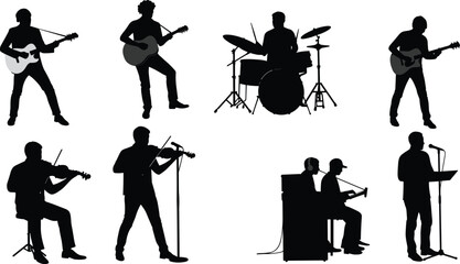 Silhouettes of Musicians Playing Instruments Including Violin, Guitar, Drums, and Trumpet for Concert and Performance Themes