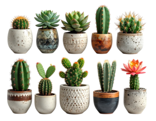 collection Set of different mixed cactus and succulents types of small mini plant in modern ceramic vase pot as furniture cutouts isolated on white background PNG