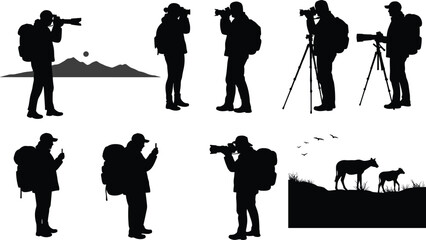 Silhouettes of Outdoor Photographers Capturing Landscapes and Wildlife with Cameras and Tripods for Travel and Nature Themes