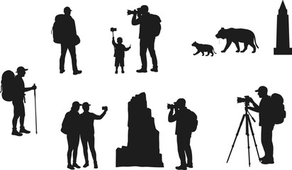 Silhouettes of Outdoor Photographers Capturing Nature, Wildlife, and Landscapes with Cameras, Tripods, and Backpacks for Travel Themes