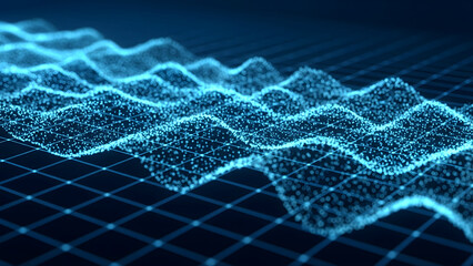 Floating hologram codes over a glowing blue grid show futuristic real-time data visualization in a clean, minimal tech style.