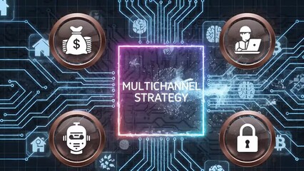 A glowing digital interface presents a comprehensive multichannel strategy with various integrated icons for business and technology - Powered by Adobe