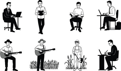 Urban and Rural Male Lifestyle Activities in Black and White Vector Illustration for Professional and Agricultural Occupation Concepts