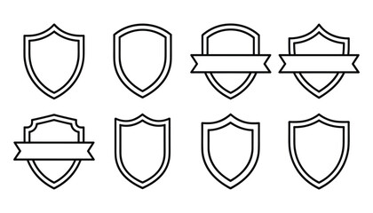 Set of eight black outline shield icons with and without banners on a white background emblem badge