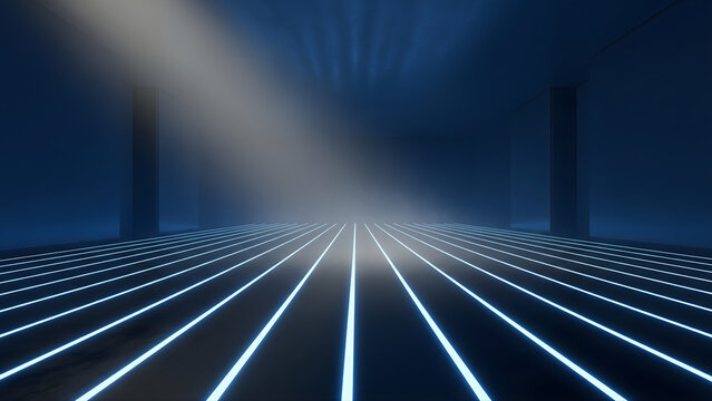 Particle data flows through a futuristic digital matrix, showing fast transmission and deep perspective. - Powered by Adobe