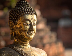 Golden statue of a serene figure with half-closed eyes, sunlight glow