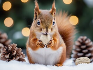 Red squirrel holding walnut standing on snow with pine cones and bokeh background, fluffy tail and bright eyes creating cute expression, high-resolution winter photography for festive cards and commer