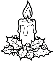 Christmas Candle with Holly Berries Line Art