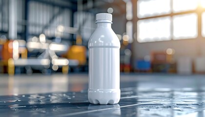 White Plastic Bottle on Wet Industrial Floor, Close-Up View.