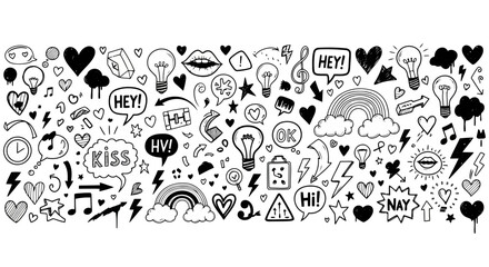 Doodle art with various handdrawn elements like hearts, lightbulbs, speech bubbles, rainbows, and musical notes