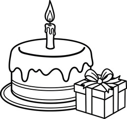 Birthday Cake with Lit Candle and Gift Box Line Art