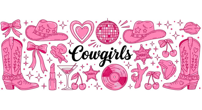 Pink cowgirl theme graphic elements including cowboy boots, hats, disco ball, martini glass, lipstick, cherries, and stars