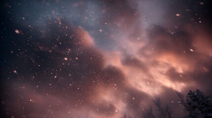 Fototapeta premium A dramatic twilight sky with falling stars and vibrant pink and orange clouds evoking a magical celestial phenomenon