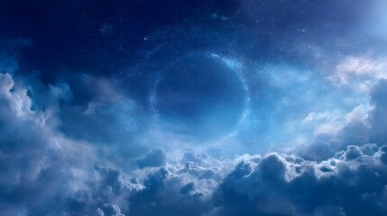 Obraz premium A luminous celestial ring of stars and cosmic dust shimmers in a vast dark blue sky amidst soft ethereal clouds
