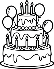 Festive Tiered Birthday Cake with Candles and Balloons Line Art