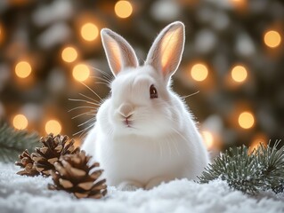 White rabbit sitting in snow with pine branches and lights, macro photography capturing fur texture and gentle gaze, creating warm winter atmosphere for holiday cards and designs