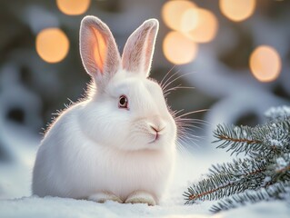 White rabbit in snow surrounded by pine branches and warm lights, macro photography capturing detailed fur texture and soft gaze, creating cozy winter atmosphere for holiday cards and commercial desig