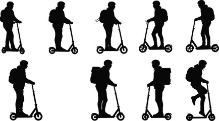 Vector silhouettes of people riding electric scooters with backpacks — city transport, delivery riders, eco mobility and urban commuting illustration © Masum's World