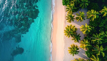 Overhead Aerial View Of A Tropical Beach Paradise With Lush Green Palm Trees And Crystal Clear Turquoise Ocean Water During Daylight