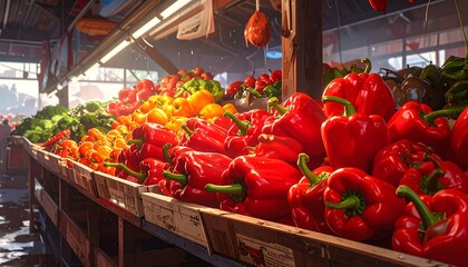 A vibrant farmers market stall displays rows of colorful bell peppers. Sunlight streams in, illuminating the produce. Water glistens on the floor