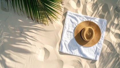 Overhead View of a Straw Hat and White Towel on a Sandy Beach with Palm Leaf Shadows and Footprints