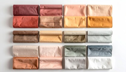 Overhead View Of Folded Crumpled Papers In Various Earth Tones And Pastel Colors Arranged Neatly On A White Surface Creating A Textured Background With Soft Shadows