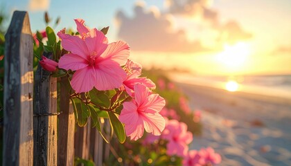 Pink Hibiscus Flowers Bloom on a Weathered Wooden Fence Overlooking a Sandy Beach at Golden Hour Sunrise