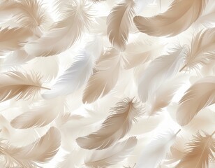 Seamless Pattern of Beige and White Feathers on White Background.