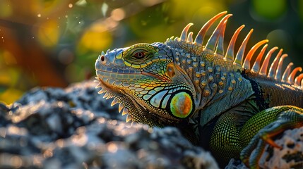 Fototapeta premium Vivid Color Iguana Lizard Close-Up Portrait With Spikes And Textured Scales In Sunlight