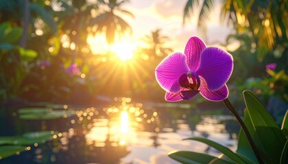 Purple Orchid Flower Illuminated by Golden Sunrise Over Tropical Pond with Lush Green Foliage