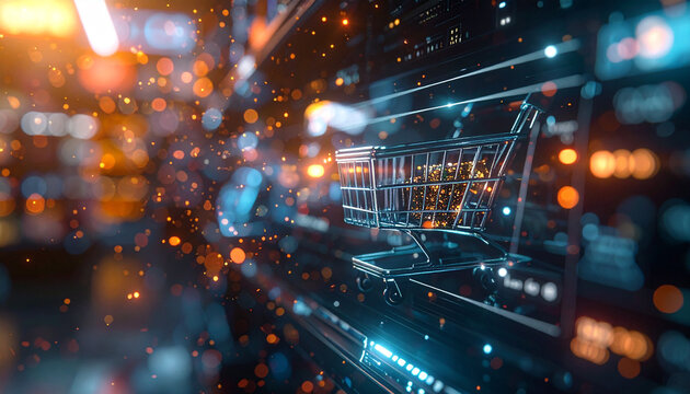 Digital Shopping Cart: A futuristic shopping cart navigates a vibrant digital landscape of data streams and glowing particles, representing the evolution of online shopping.