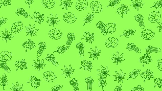 Green seamless pattern of leafy greens and vegetables. Perfect for food packaging, kitchen decor, and healthy lifestyle designs.