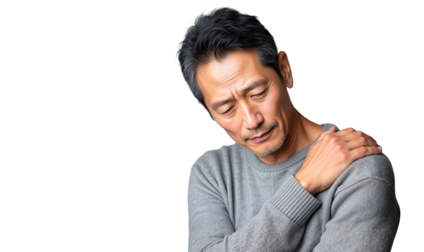 Middle-aged man experiencing shoulder pain, capturing discomfort and health concerns