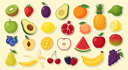 A vibrant collection of various fresh fruits arranged in rows against a light yellow background, showcasing a diverse assortment of healthy produce.