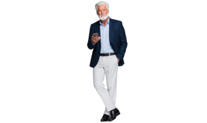 Confident, stylish senior businessman in a smart casual outfit and holding a smartphone
