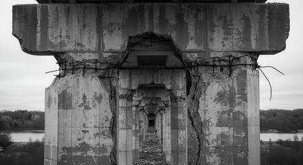 Decaying concrete bridge support columns reveal rusted reinforcing bars in monochrome