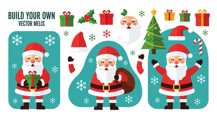 Christmas-themed vector illustration featuring Santa Claus, gifts, and festive decorations.