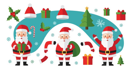 Festive Christmas illustration featuring Santa Claus figures, gifts, trees, and holiday decorations on a blue background.
